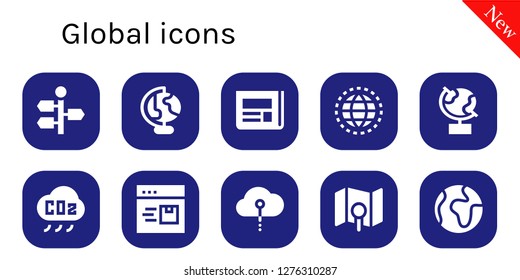 global icon set. 10 filled global icons. Simple modern icons about  - Signpost, Earth globe, Newspaper, Worldwide, Globe, CO cloud, Browser, Cloud computing, Map, World