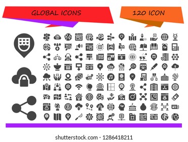  global icon set. 120 filled global icons. Simple modern icons about  - Location, Share, Cloud computing, Signpost, Pc cloud, Earth, Browser, Earth grid, World, Map, News reporter