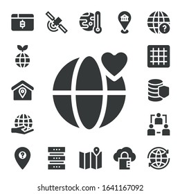 global icon set. 17 filled global icons. Included Bitcoin, Planet, Location, World, Worldwide, Grid, Database, Network, Signal, Global warming, Map, Cloud computing, Earth globe icons