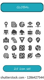  global icon set. 25 filled global icons. Simple modern icons about  - Location, Newspaper, Planet, Mentalist, Bitcoin, Server, Cloud computing, Eco, Map, Browser window, Earth
