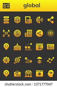 global icon set. 26 filled global icons.  Collection Of - Database, Browser, Social, Newspaper, Global, Share, Network, Bitcoin, Worldwide, Pin, Container, Satellite dish, Peace