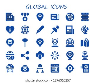  Global Icon Set. 30 Filled Global Icons. Simple Modern Icons About  - Newspaper, Bitcoin, Location, Planet Earth, Database, Cancer, Worldwide, Marker, Pin, Earth Globe, Antenna