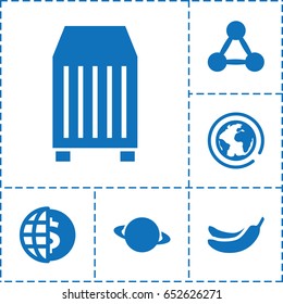 Global icon. set of 6 global filled icons such as banana, cargo container, planet, globe dollar