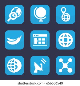 Global icon. set of 9 filled global icons such as banana, pin on globe, globe, satellite, share