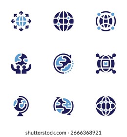 Conjunto de iconos globales. Estilo audaz. Duotone colores. expansión, internet, global, globo, geografía, envío global, red global.