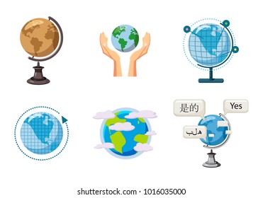 Global icon set. Cartoon set of global vector icons for web design isolated on white background