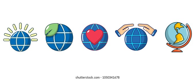 Global icon set. Cartoon set of global vector icons for web design isolated on white background