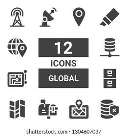 global icon set. Collection of 12 filled global icons included Database, Digital map, Mailbox, Map, Server, Navigation, Radar, Marker, Pin, Broadcast