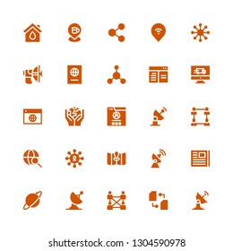 global icon set. Collection of 25 filled global icons included Satellite dish, Sharing, Network, Radar, Worldwide, Newspaper, Antenna, Map, Browser, Ecology, Earth grid, Delivery
