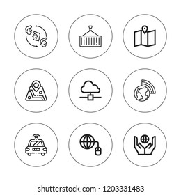 Global icon set. collection of 9 outline global icons with atmosphere, change, cloud computing, container, grid, map, signaling icons. editable icons.