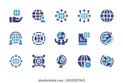 Globaler Symbolsatz. Duotonfarbe. Vektorgrafik. Mit globalen Dienstleistungen, Erweiterung, Internet, Global, Netzwerk, Globale, Geografie, Weltschifffahrt.