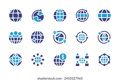 Conjunto de iconos globales. Color de duotona. Ilustración vectorial. Conteniendo a nivel mundial, global, web, transporte mundial, mundo, viajes, red global, red, proceso, marketing, inversión, diversidad.