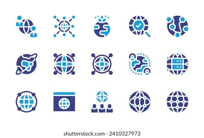 Global icon set. Duotone color. Vector illustration. Containing teamwork, international day of yoga, globalization, earth, network, global server, global, connection, global research.