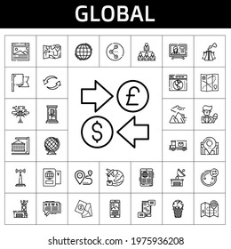 global icon set. line icon style. global related icons such as news, container, antenna, flag, earth globe, news reporter, news report, networking, satellite dish, phone box