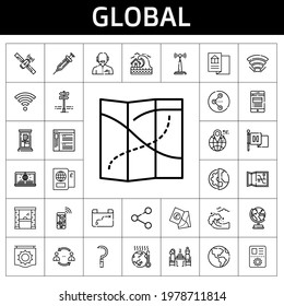 global icon set. line icon style. global related icons such as news, antenna, wifi, flag, access, sickle, earth globe, panels, news reporter, phone box, network, pierrade