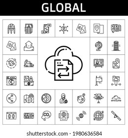 global icon set. line icon style. global related icons such as earth globe, news reporter, co2, flags, networking, google maps, communications, passport, browser, share