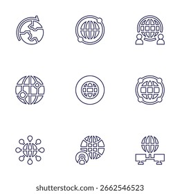 Conjunto de iconos globales. Estilo de línea. Envío global, red, global, mundo, internet, red, servidor.