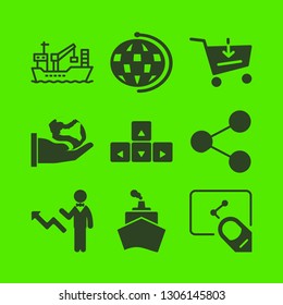 global icon set with ship, controls and earth on the hand vector illustration
