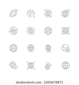 Conjunto de iconos globales. Icono de línea delgada. Trazo editable. Conteniendo chat, día de lavado de manos global, transferencia en línea, comunicación global, gdp, red, comercio, calentamiento, mundo.