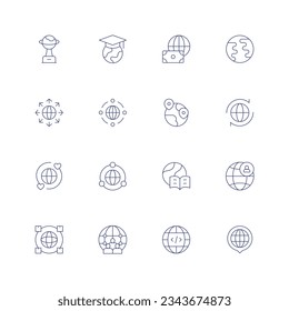 Globaler Symbolsatz. Dünne Linie Symbol. Bearbeitbarer Strich. Mit Preis, globale Bildung, Geld, Erde, Erweiterung, globales Netzwerk, Telekommunikation, global, weltweit, Welt, Welt, Globus, Programmierung.