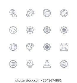 Global icon set. Thin line icon. Editable stroke. Containing alert, global economy, location pin, earth, network, settings, warming, world, globe, pin.