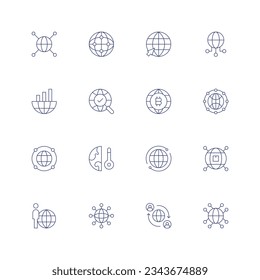 Global icon set. Thin line icon. Editable stroke. Containing communications, global network, online, global connection, global research, trading, warming, world, shipping.