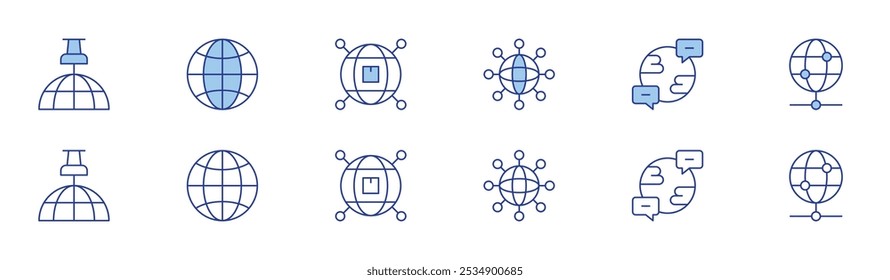 Conjunto de iconos globales en dos estilos, Duotone y estilo de línea fina. Internet, chat, pin, global, envío global, red global.