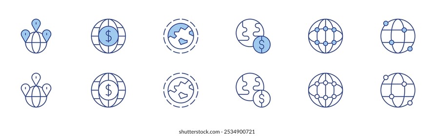Conjunto de iconos globales en dos estilos, Duotone y estilo de línea fina. Astronomía, economía, economía global, economía global, red global, mundial.