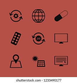 global icon. global vector icons set recycle gear, monitor, recycle hours and globe