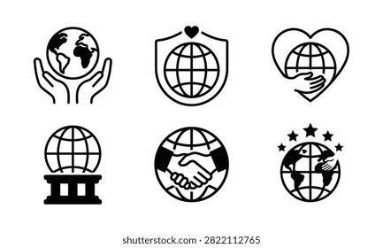 Global icons collection with hands, shields, and hearts representing world, charity, support, and international cooperation.