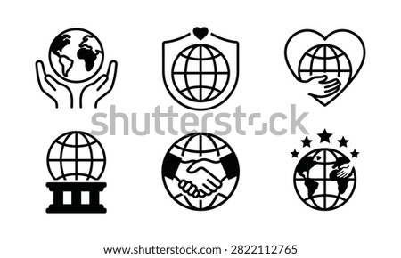 Global icons collection with hands, shields, and hearts representing world, charity, support, and international cooperation.