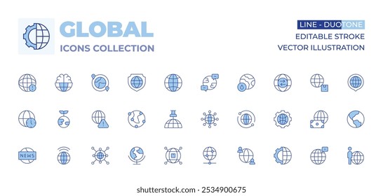 Global icons collection. Line Duotone style, editable stroke. pin, globe, global shipping, globalization, alert, global network, earth day, global communication, news, time zone.