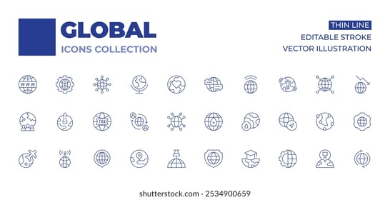 Colección global de iconos. Iconos de línea delgada, movimiento editable. global, pin, protección, globo, red global, calentamiento global, globalización, relación, viajes, en todo el mundo, conocimiento.