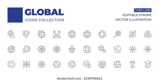 Coleção de ícones globais. Thin Line ícones, curso editável. astronomia, terra, global, logística, configurações, equipe, mundo, economia global, rede global, mundial.