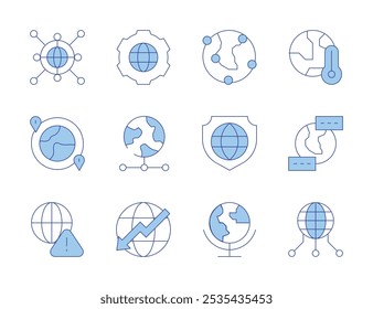 Ícones globais. Linha Duotone estilo, traço editável. proteção, globo, globalização, alerta, rede global, viagens, diminuição, servidor, aquecimento global, idioma.