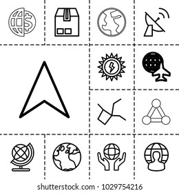 Global icons. set of 13 editable outline global icons such as globe, navigation arrow, holding globe, cargo container, network connection, satellite, sun battery, connection