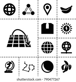 Global icons. set of 13 editable filled global icons such as sphere, location, globe, move on map, sun battery, connection, banana, banana
