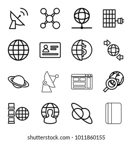 Global icons. set of 16 editable outline global icons such as passport, globe, globe dollar, planet and satellite, planet, share, internet, satellite, solar panel