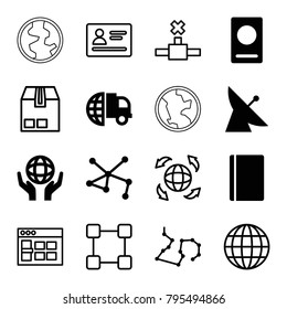 Global icons. set of 16 editable filled and outline global icons such as satellite, passport, international delivery, holding globe, connection, browser window