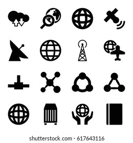 Global icons set. set of 16 global filled icons such as signal tower, satellite, passport, globe and plane, holding globe, cargo container, connection, cloud download upload