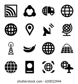 Global icons set. set of 16 global filled icons such as signal tower, passport, globe, Banana, globe and plane, location, wi-fi, connection, satellite, move on map