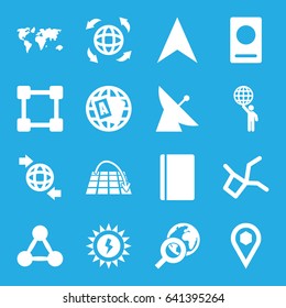 Global icons set. set of 16 global filled icons such as satellite, passport, globe, navigation arrow, qround the globe, location, sun battery, move on map, world map
