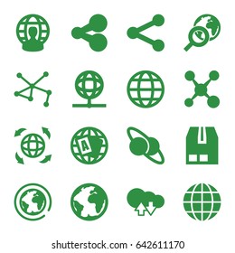 Global icons set. set of 16 global filled icons such as globe, cargo container, connection, user globe, globe search, planet, planet and satellite, cloud download upload