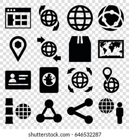 Global icons set. set of 16 global filled icons such as passport, qround the globe, pin on globe, cargo container, location, world map, browser window, network connection