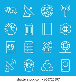 Global icons set. set of 16 global outline icons such as signal tower, satellite, passport, globe, cargo container, nightstand, connection, globe in gear, user globe