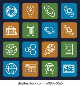 Global icons set. set of 16 global outline icons such as passport, globe, qround the globe, cargo container, location, browser window, planet, world map, share