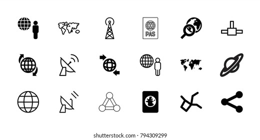 Global icons. set of 18 editable filled and outline global icons: world map, qround the globe, globe and man, network connection, share, passport, signal tower, satellite