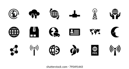 Global icons. set of 18 editable filled global icons: signal tower, globe, cargo container, network connection, passport, international delivery, world map, share, sphere