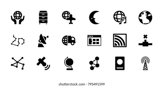 Global icons. set of 18 editable filled global icons: passport, globe, browser window, international delivery, globe and plane, holding globe, connection, international music