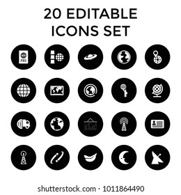 Global icons. set of 20 editable filled global icons such as signal tower, satellite, globe, international delivery, world map. best quality global elements in trendy style.